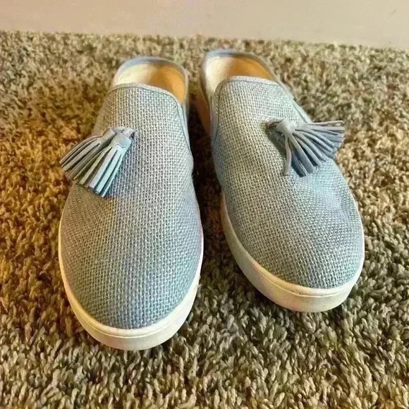 Spenco Womens Celine Clogs Mules Blue 9.5D Slip On Raffia Tassel Orthodic - Picture 1 of 8